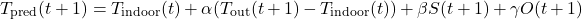 \[T_{\text{pred}}(t+1) = T_{\text{indoor}}(t) + \alpha (T_{\text{out}}(t+1) - T_{\text{indoor}}(t)) + \beta S(t+1) + \gamma O(t+1)\]