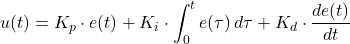 \[u(t) = K_p \cdot e(t) + K_i \cdot \int_0^t e(\tau) \, d\tau + K_d \cdot \frac{de(t)}{dt}\]