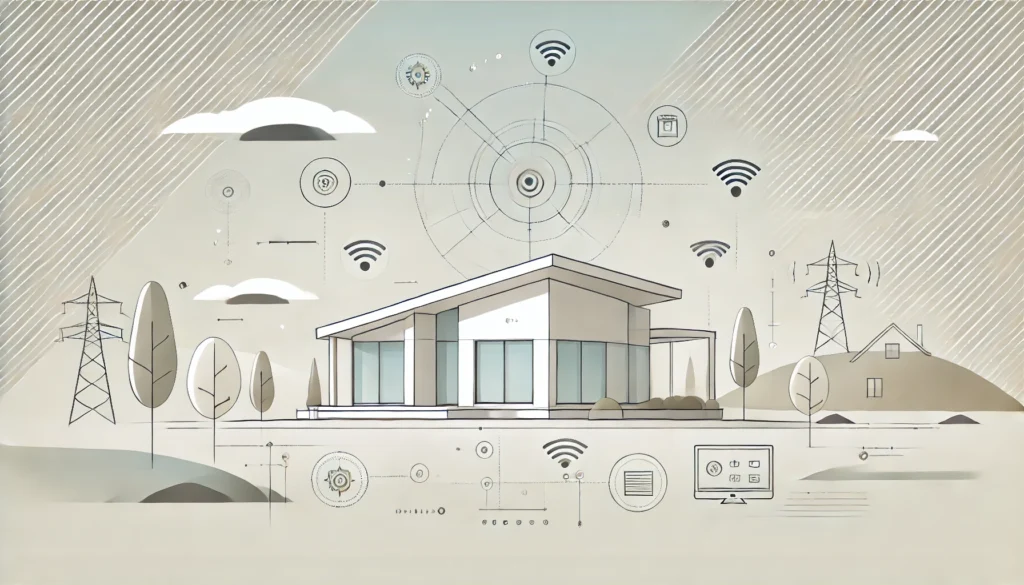 Minimalist vector-based illustration of a smart home featuring MQTT topic structuring elements, surrounded by icons representing smart home MQTT topics and connectivity, showcasing organization, security, and scalability in home automation.