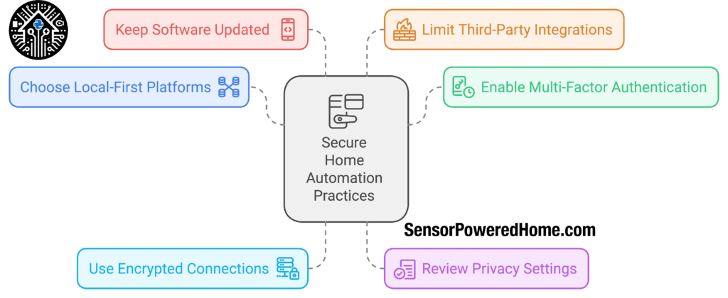 Diagram showing secure home automation practices for beginners, focusing on home automation apps like openHAB and Home Assistant. Key practices include keeping software updated, limiting third-party integrations, choosing local-first platforms, enabling multi-factor authentication, using encrypted connections, and reviewing privacy settings. This guidance helps users find the best smart home app with strong security.