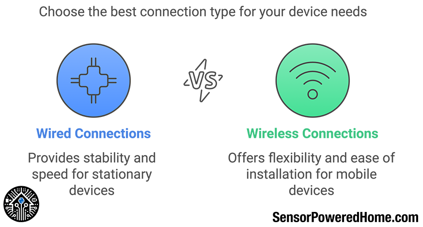 An infographic illustrating key considerations for building a reliable smart home network. The diagram highlights two primary aspects: 'Choosing Robust Network Equipment' with an icon representing hardware reliability, and 'Ensuring Strong Wi-Fi Coverage' with an icon representing wireless connectivity. Both elements contribute to network security and stability in smart home automation setups, essential for a secure and reliable smart home environment.