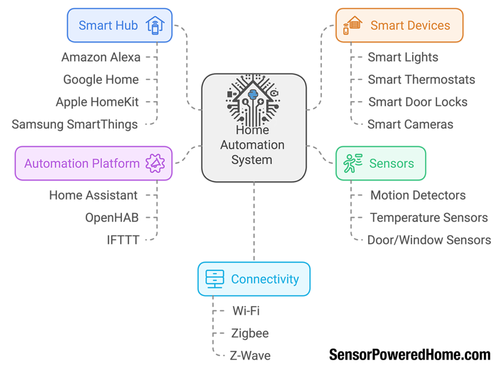 Diagram of a home automation system highlighting key components, including smart hubs, sensors, smart devices, automation platforms, and connectivity options. This smart home setup guide illustrates home automation tips for beginners, focusing on starting smart home automation with tools like Amazon Alexa, Home Assistant, and Zigbee connectivity.