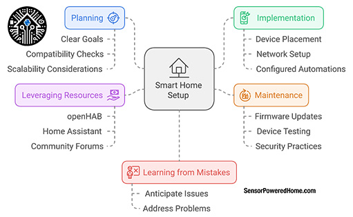 Diagram illustrating a smart home setup guide, highlighting planning, implementation, maintenance, leveraging resources, and learning from mistakes to avoid home automation pitfalls, smart home errors, and provide actionable home automation tips.