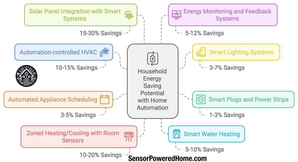 An infographic illustrating household energy-saving potential with home automation, featuring elements like 'Solar Panel Integration with Smart Systems' (15-30% savings), 'Automation-controlled HVAC' (10-15% savings), and 'Smart Lighting Systems' (3-7% savings). Other features include 'Energy Monitoring and Feedback Systems,' 'Smart Plugs and Power Strips,' 'Zoned Heating/Cooling with Room Sensors,' and 'Smart Water Heating,' showcasing the benefits of Z-Wave and Zigbee smart home setups for energy efficiency. The design connects these elements to emphasize how to set up Z-Wave and Zigbee devices for optimal savings and smart home automation.