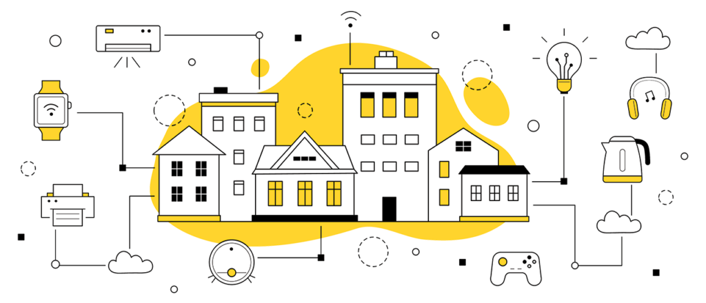 An illustration showcasing a smart home ecosystem with interconnected houses and devices such as smart watches, bulbs, appliances, and controllers. This visual highlights the integration of smart home technology and automation, emphasizing how to set up Z-Wave and Zigbee devices for efficient connectivity and control within a modern home environment.