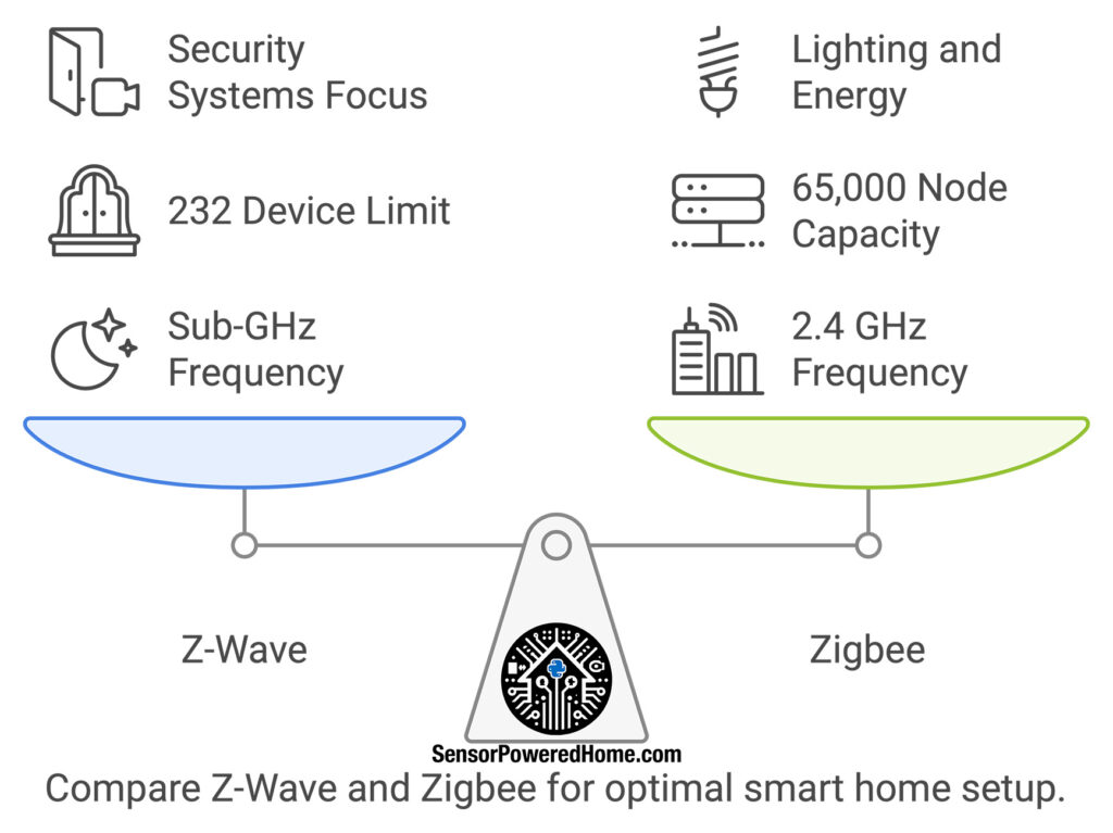 An infographic comparing Z-Wave and Zigbee for smart home setups. The image features a balanced scale showing Z-Wave on one side with attributes like 'Security Systems Focus,' '232 Device Limit,' and 'Sub-GHz Frequency,' and Zigbee on the other with 'Lighting and Energy,' '65,000 Node Capacity,' and '2.4 GHz Frequency.' The visual emphasizes the benefits of Z-Wave and Zigbee in smart home automation, helping users decide on the best smart home hubs and systems for their needs.